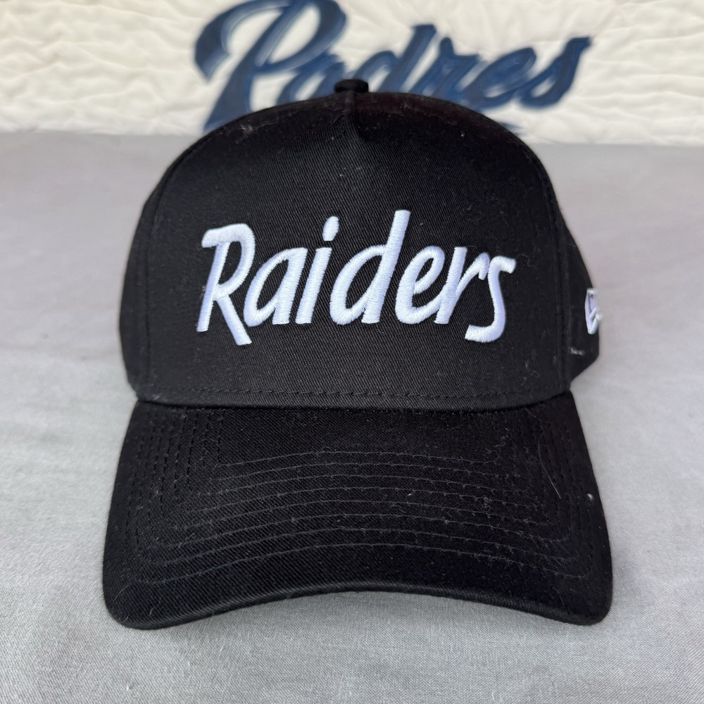 Oakland Raiders Hat SnapBack Cap Black Script Logo Spellout NFL Football New Era